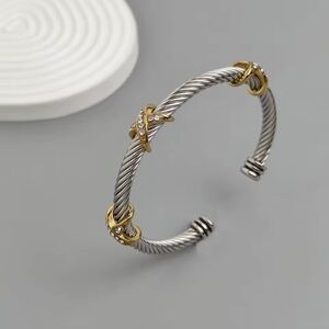 Two-Tone Silver and Gold Twisted Cable Cuff with Crystal Knots